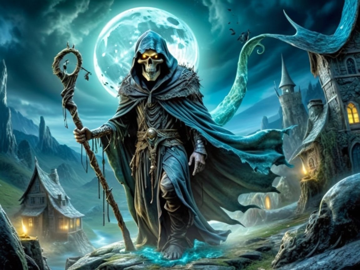 Hooded Figure in Misty Landscape with Full Moon
