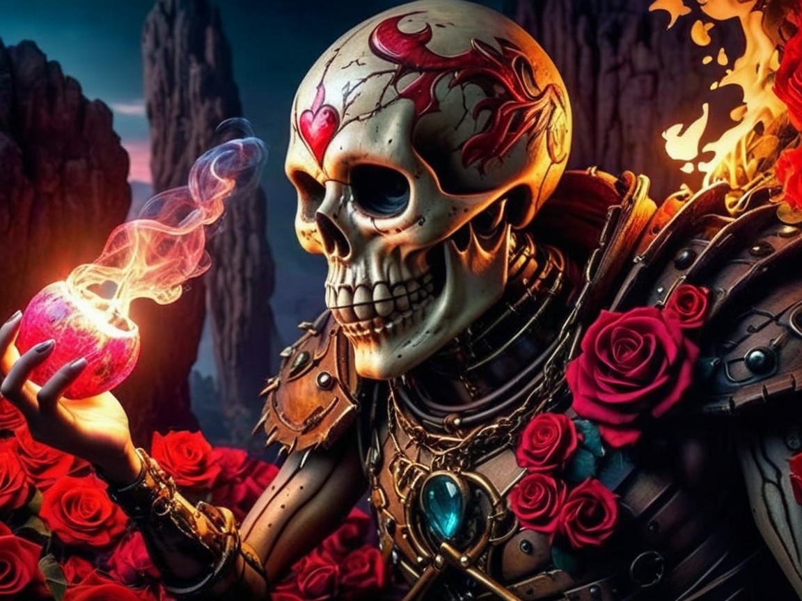 Vibrant Skeleton with Glowing Apple and Roses