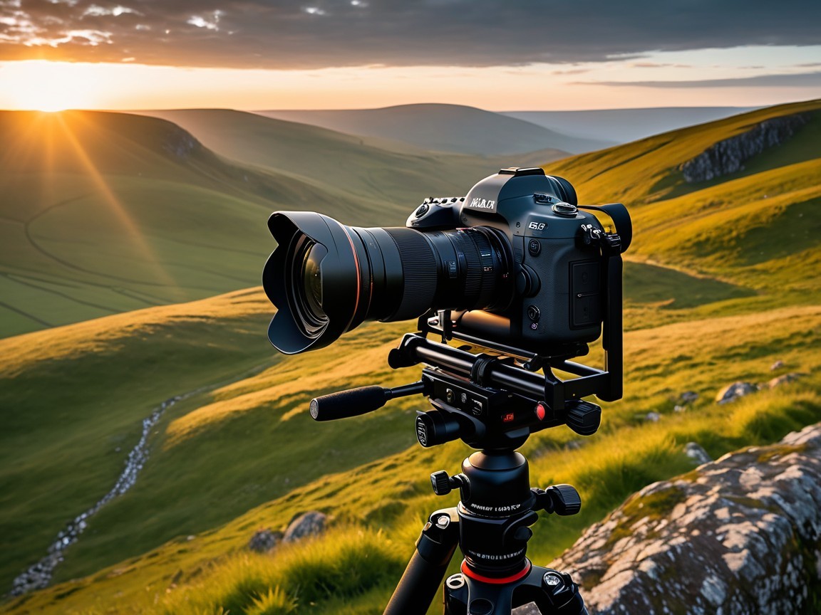Professional Camera Capturing Sunset Landscape Scene
