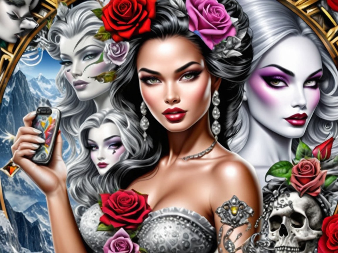 Woman with Roses in Hair Surrounded by Ethereal Figures