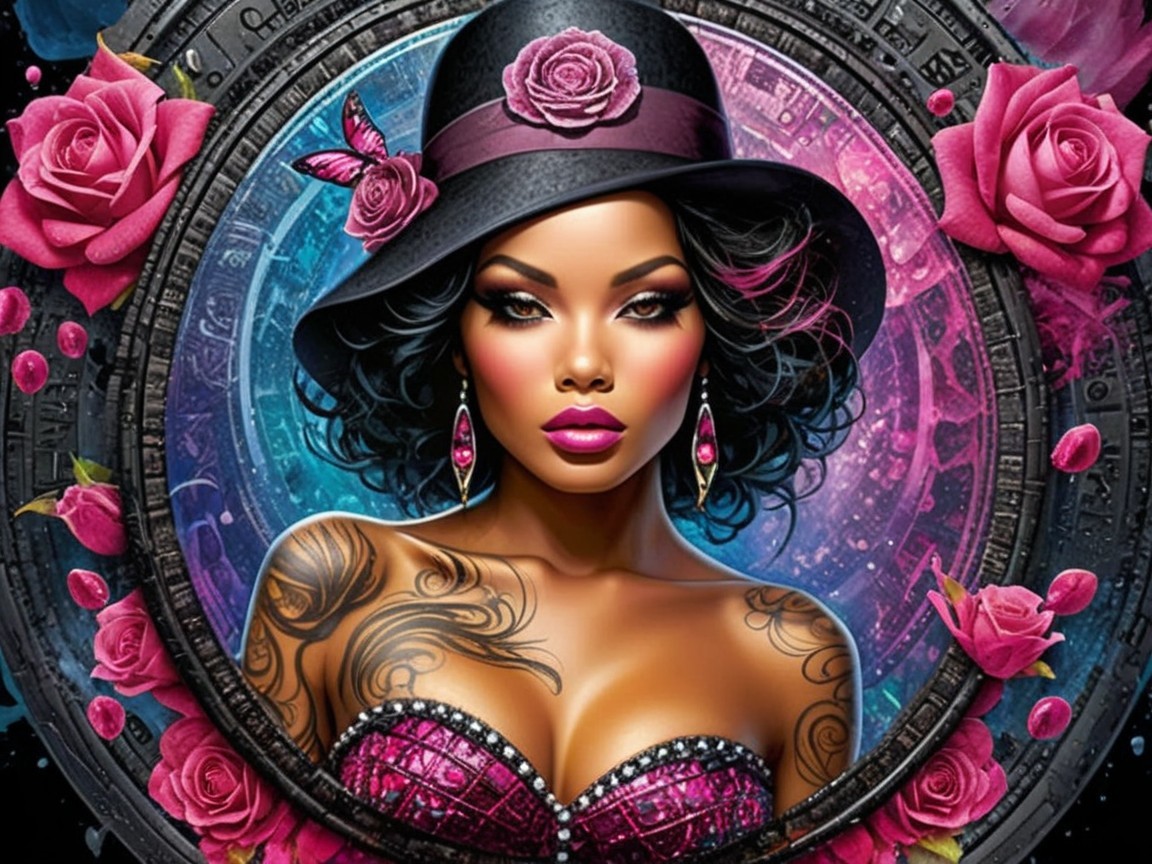 Portrait of a Woman with Tattoos and Stylish Hat
