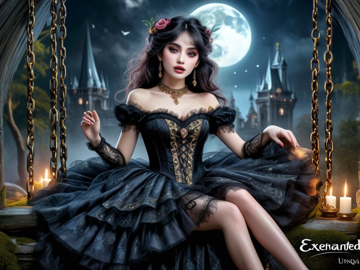 Young Woman on Swing in Elegant Gown with Castle Background