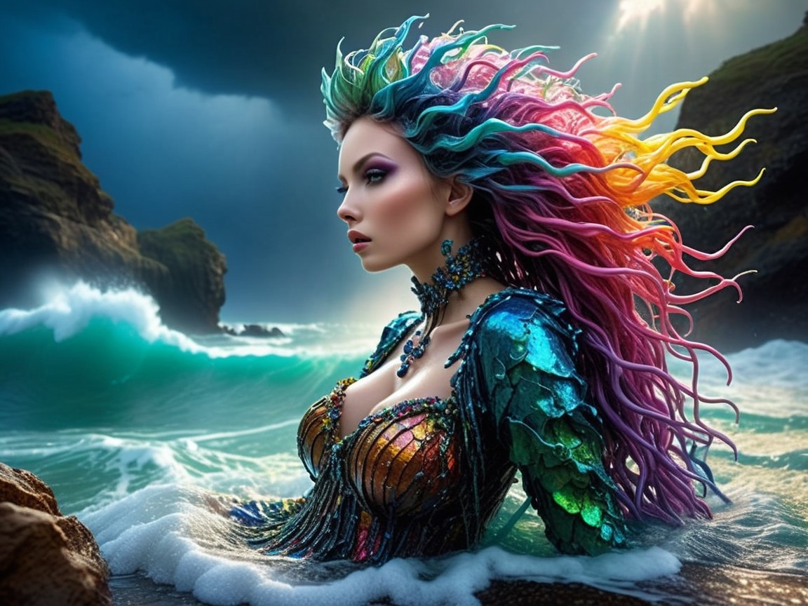 Mermaid with Vibrant Hair in Dramatic Seascape
