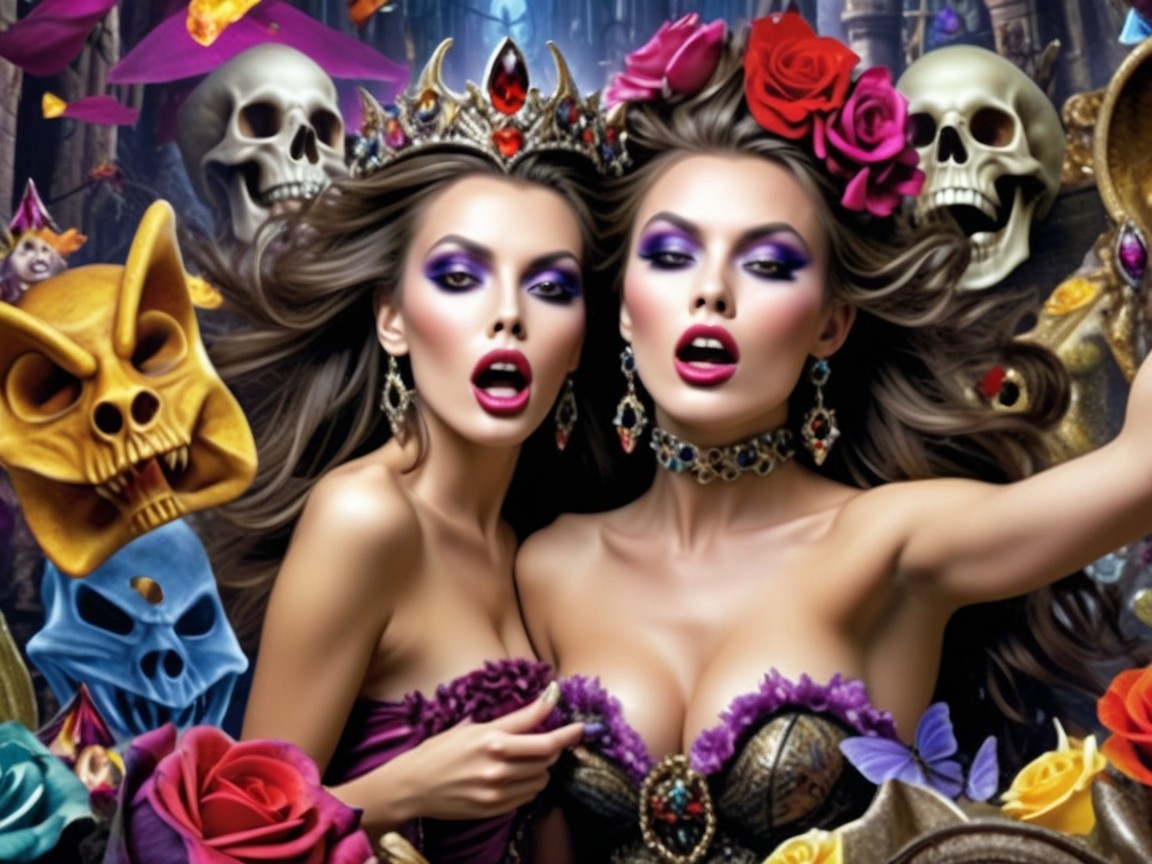 Glamorous Women in Elegant Dresses Surrounded by Roses