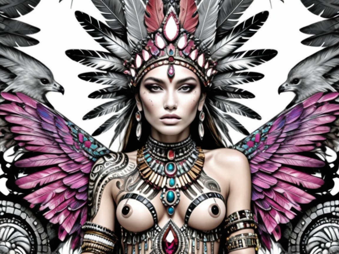 Vibrant Figure with Feathers and Intricate Jewelry
