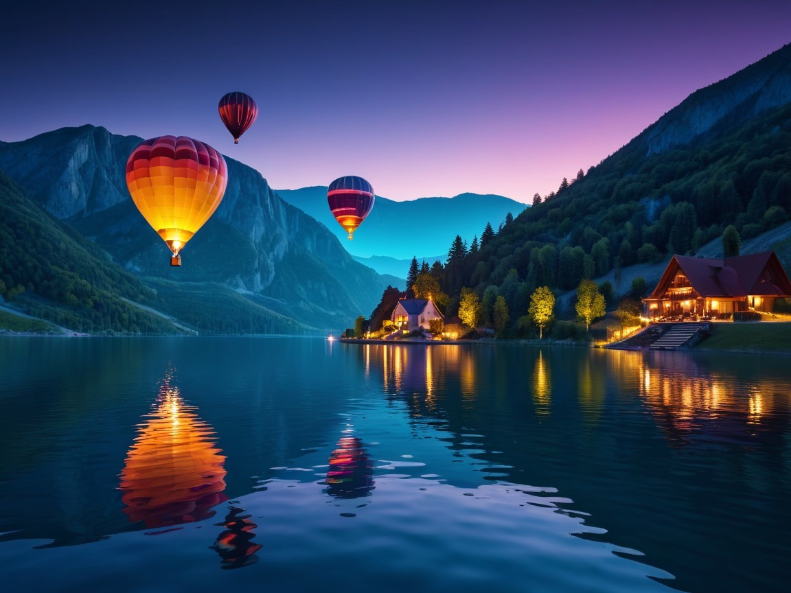 Serene Twilight Landscape with Hot Air Balloons and Lake