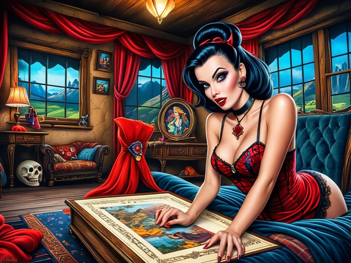 Gothic Room with Glamorous Woman and Ornate Book