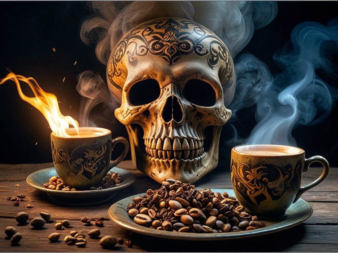 Stylized Skull Surrounded by Coffee Cups and Beans