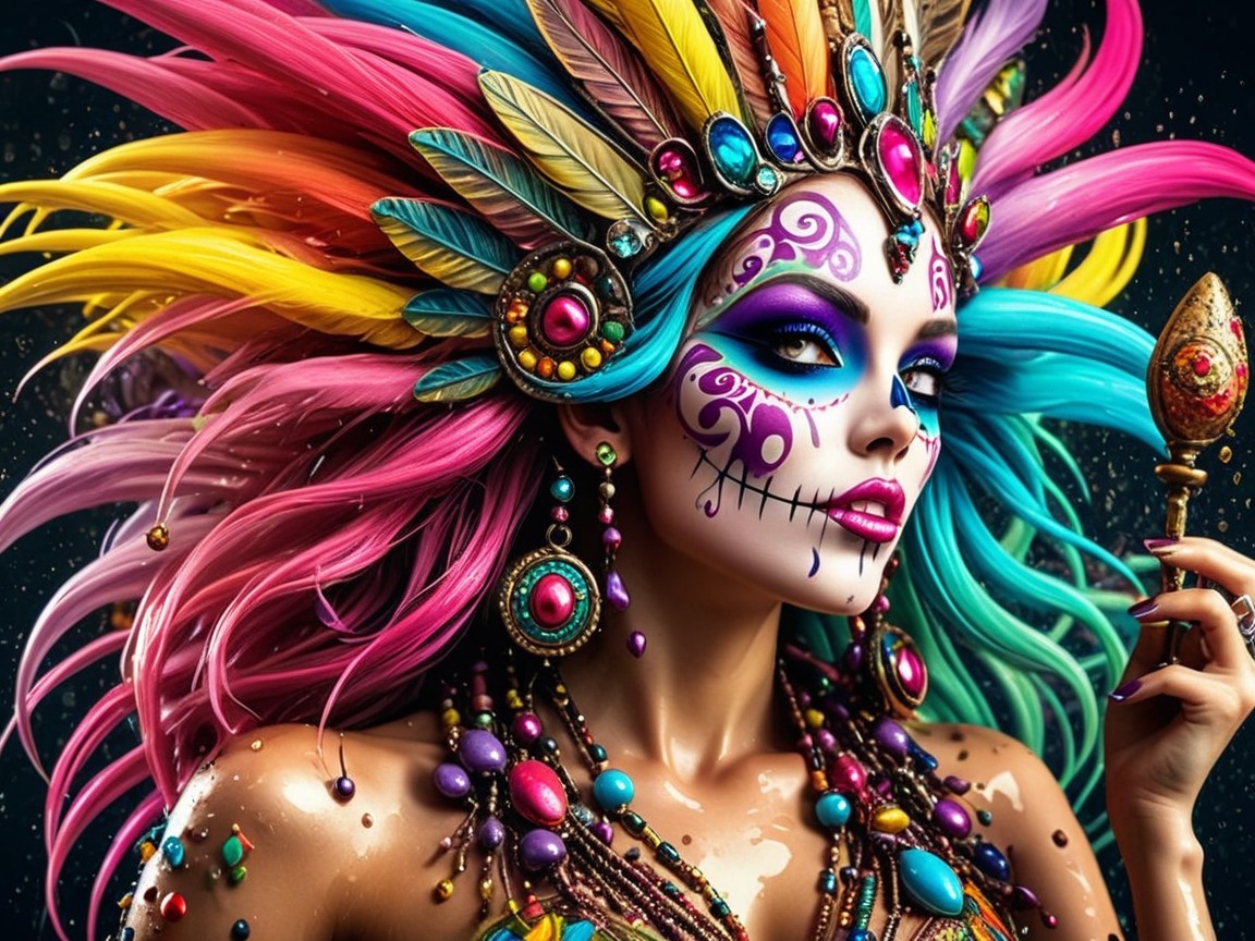 Vibrant Figure in Colorful Headdress and Jewelry