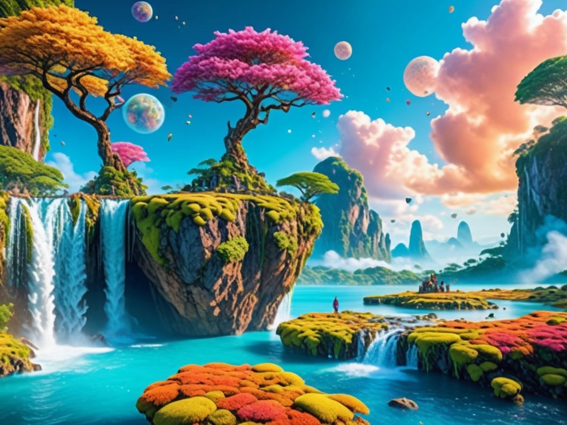 Surreal Landscape with Floating Islands and Waterfalls