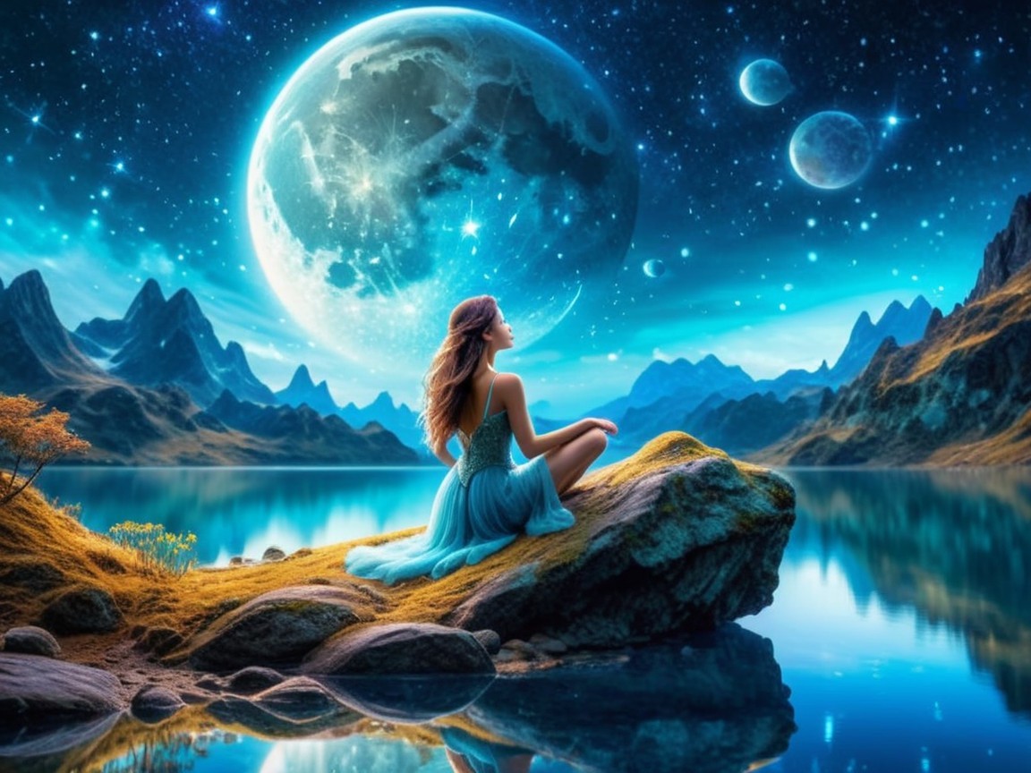 Young woman by tranquil lake under a glowing moon