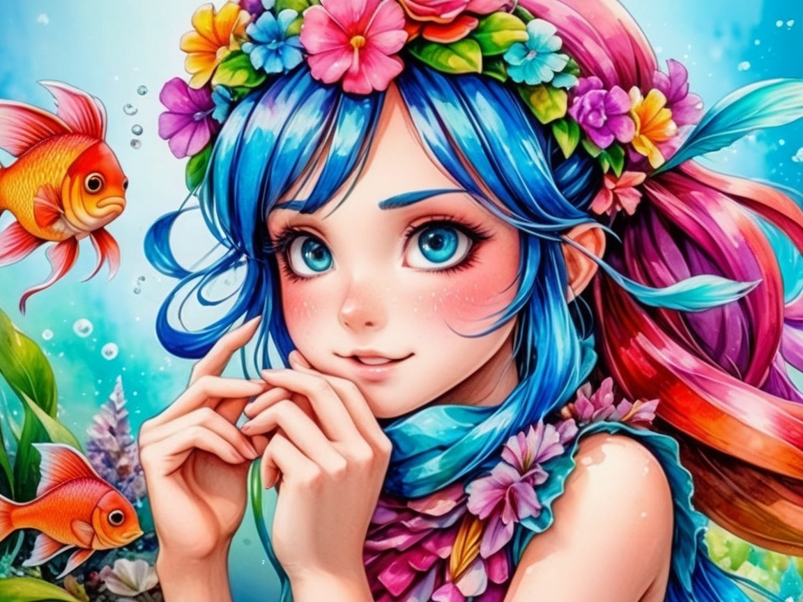 Whimsical Illustration of a Girl in an Underwater Scene