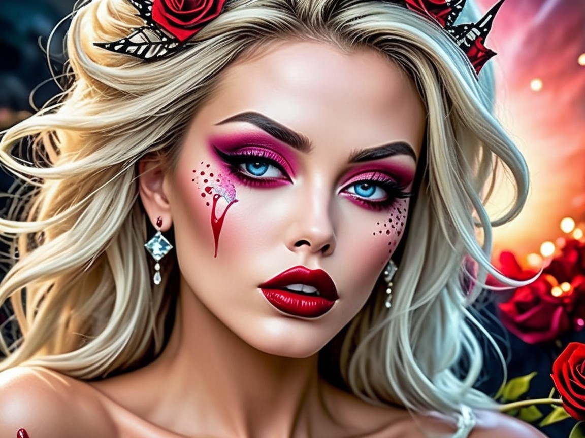 Portrait of a woman with dramatic red and pink makeup