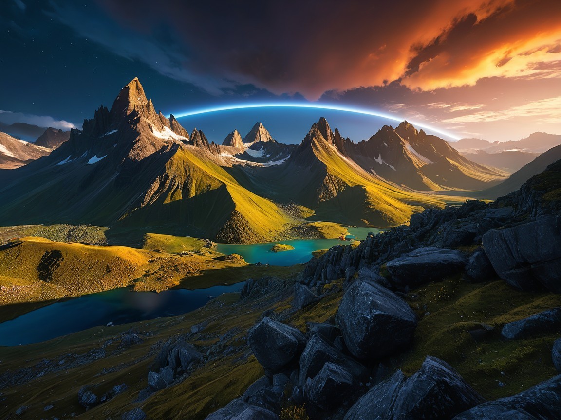 Dramatic Sunset Over Jagged Mountains and Lakes