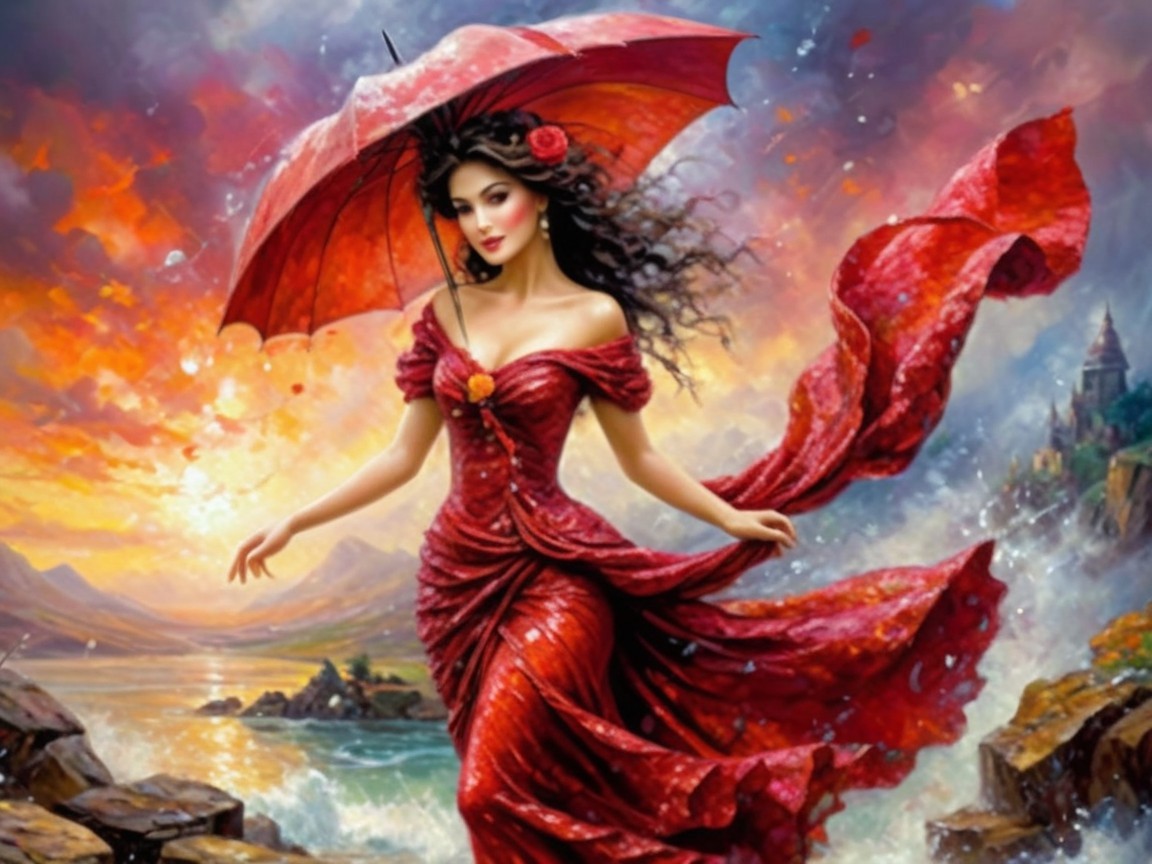 Elegant Woman in Red Gown with Sunset Backdrop