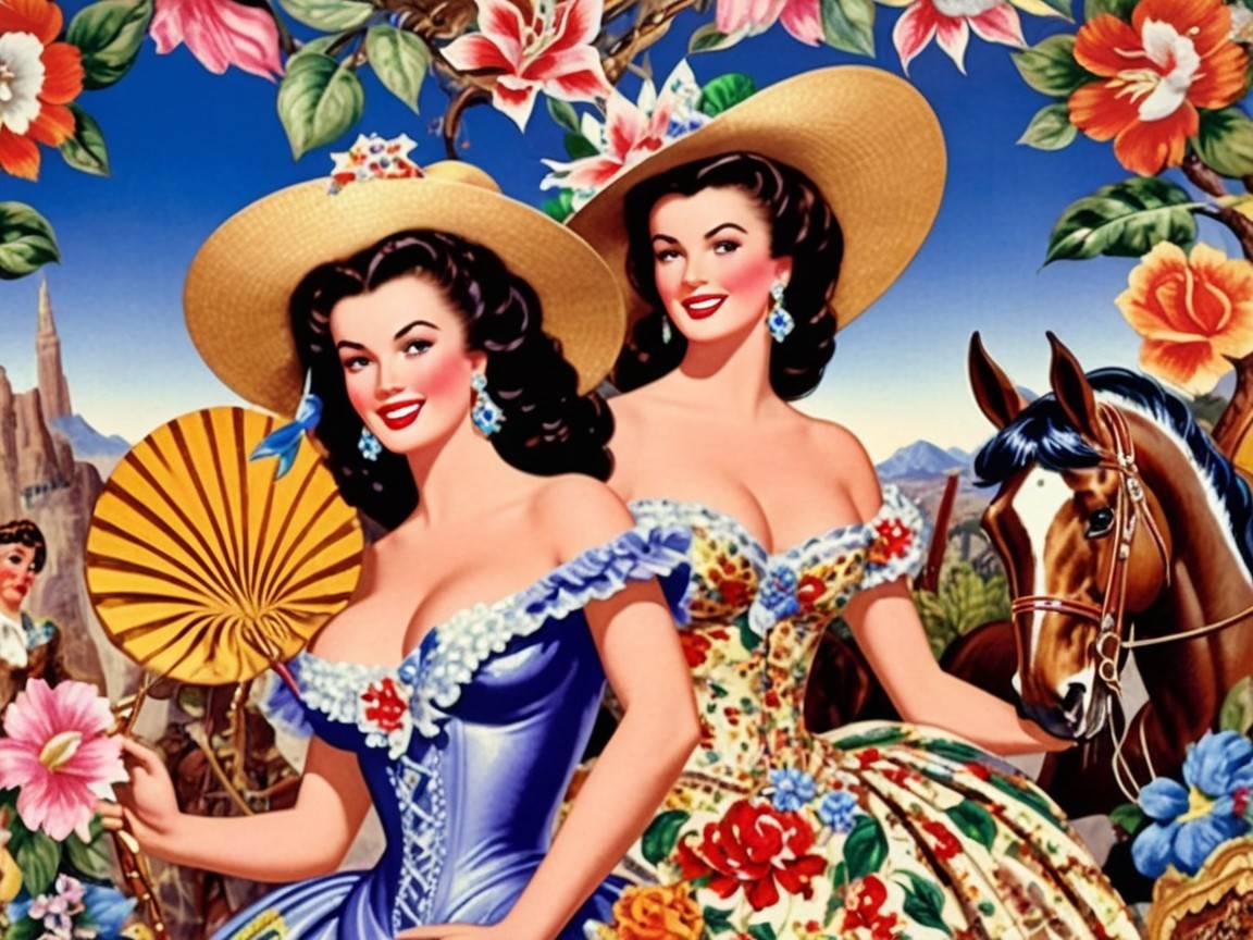 Glamorous Women in Vintage Floral Dresses Outdoors