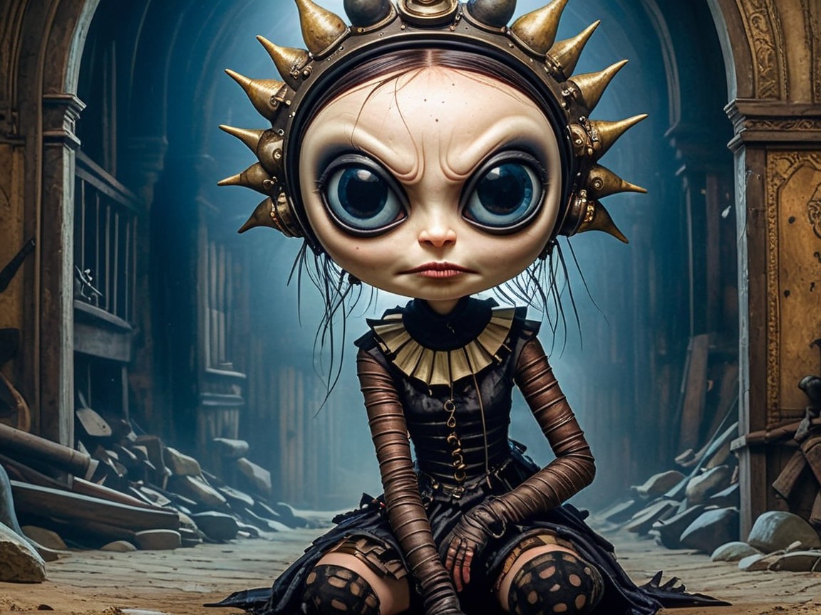 Character with Oversized Eyes in Gothic Punk Setting