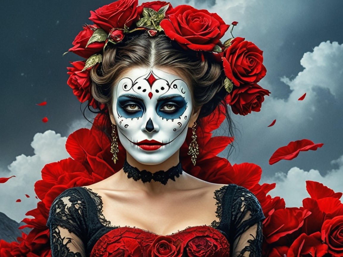 Portrait of a Woman with Sugar Skull Makeup and Roses