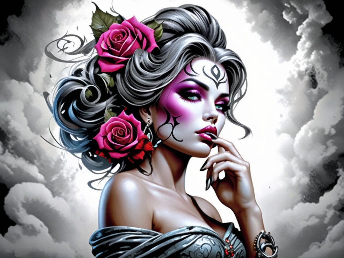 Striking Woman with Silver Hair and Pink Roses