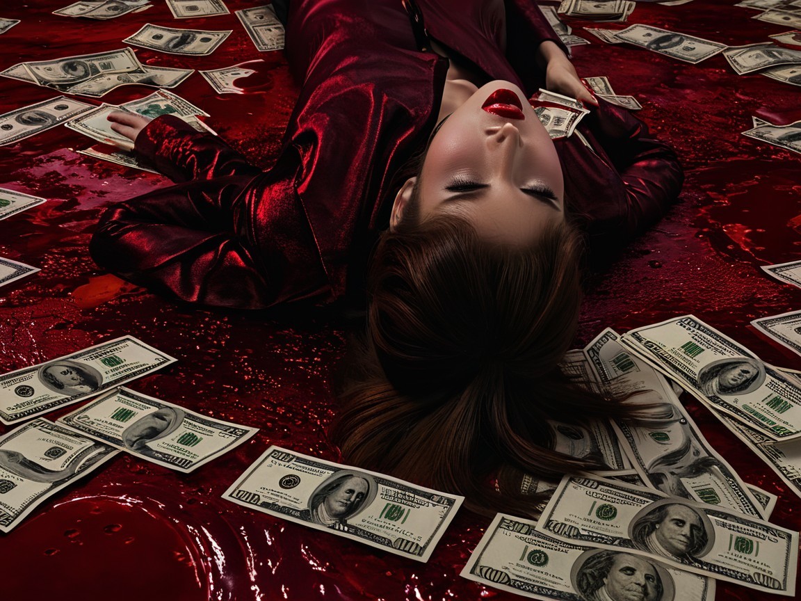 Dramatic Scene of Figure on Crimson Floor with Money