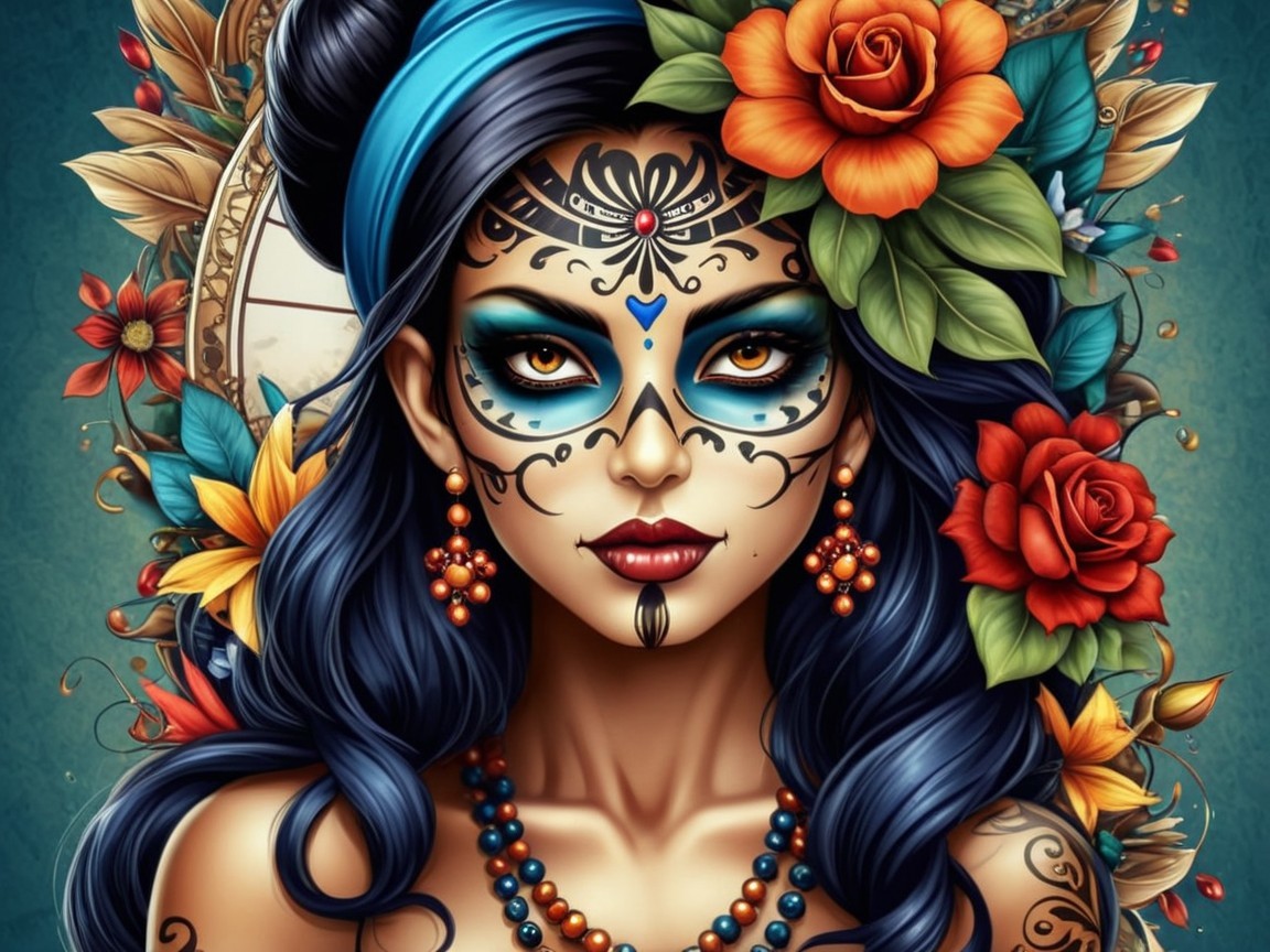 Woman with Decorative Mask and Floral Background