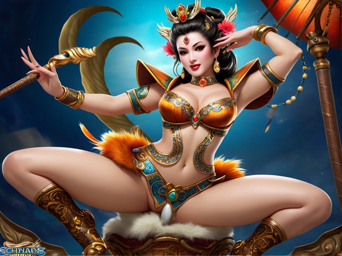 Fantastical Female Figure in Ornate Armor and Accessories