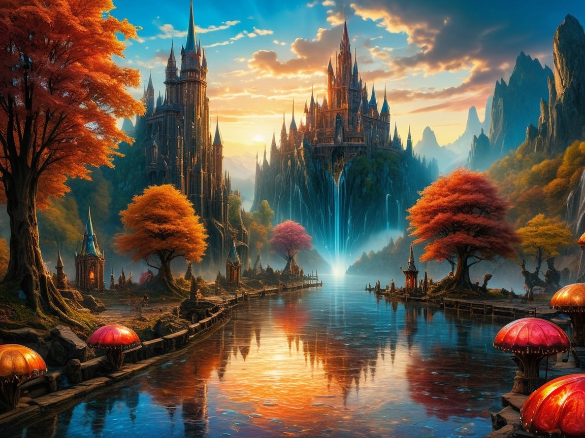 Vibrant Fantasy Landscape with Castles and Waterfall