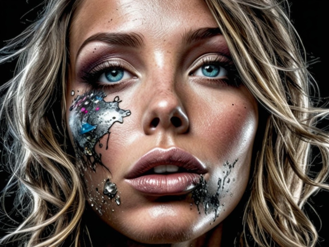 Portrait of a Woman with Blue Eyes and Colorful Makeup