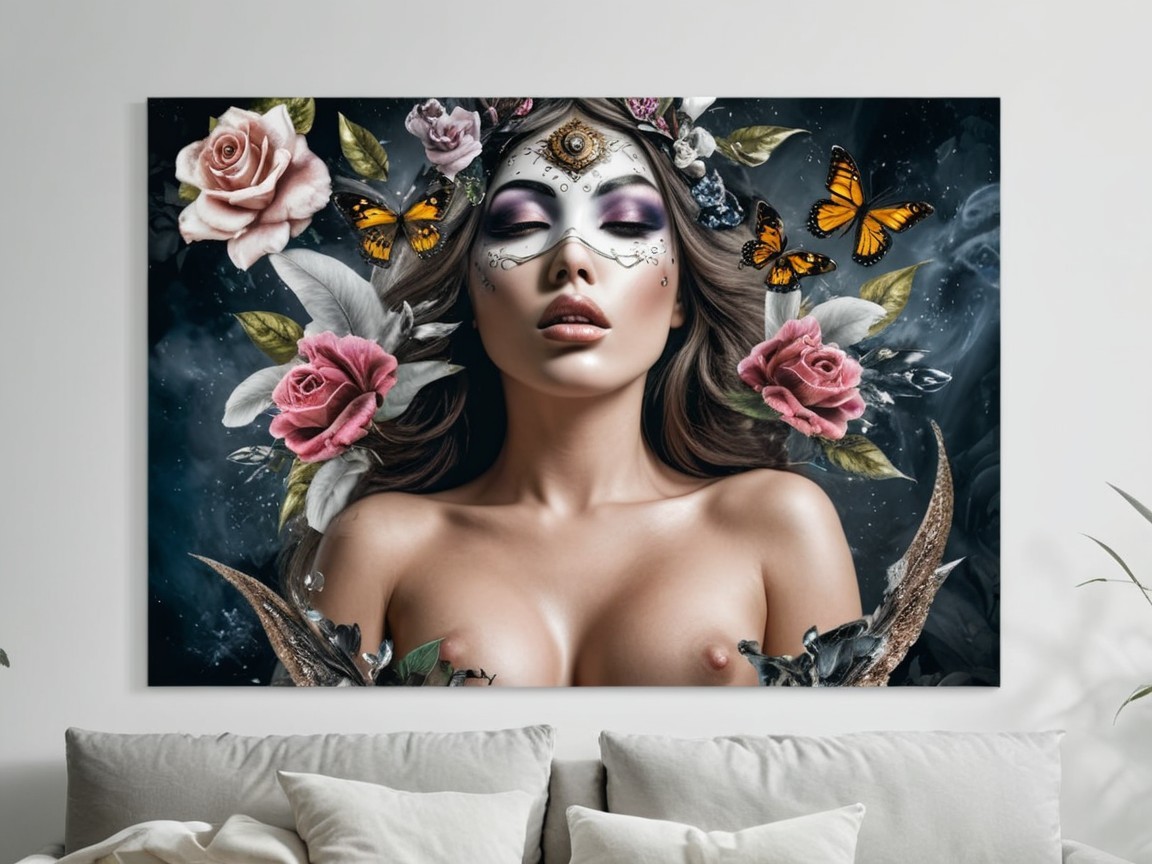 Woman with Face Paint and Floral Crown in Dark Setting