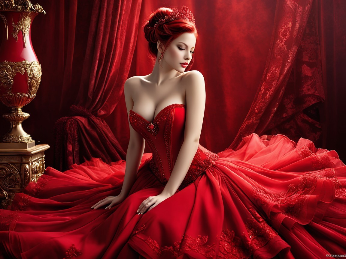 Elegant Woman in Red Gown Surrounded by Crimson Fabrics