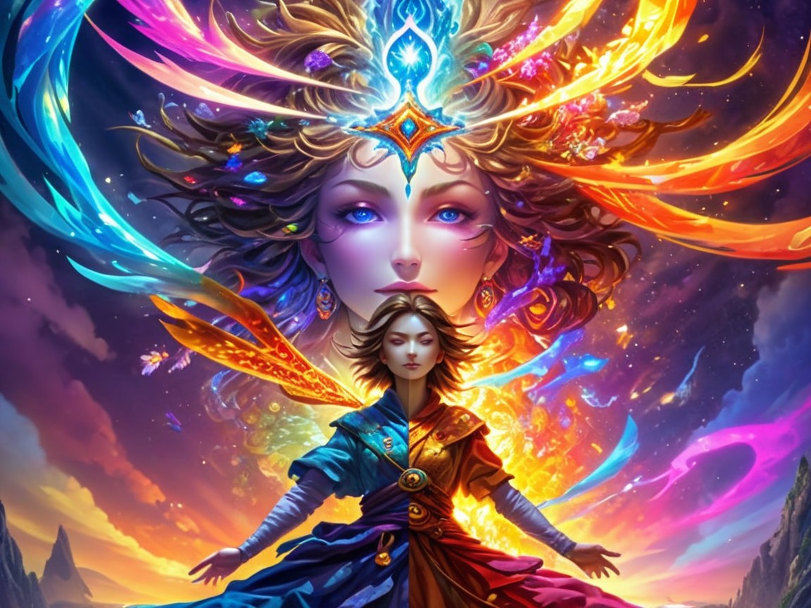 Mystical Scene with Vibrant Colors and Cosmic Landscape