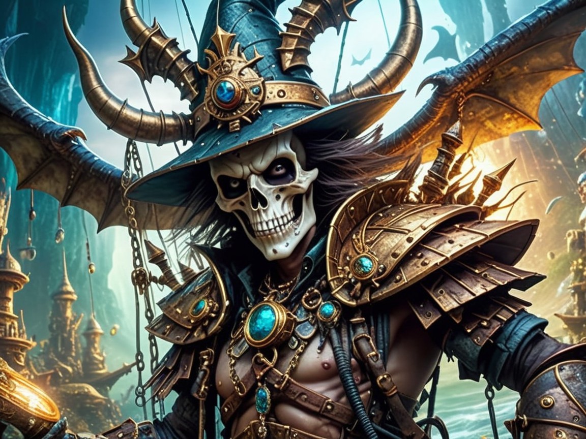 Skeletal Figure in Ornate Armor in Enchanted Landscape