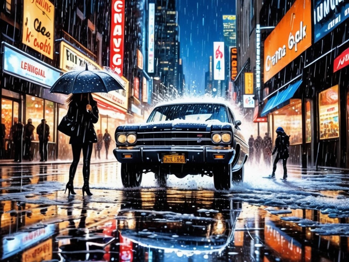 Vintage Car in Rainy Urban Street with Neon Lights