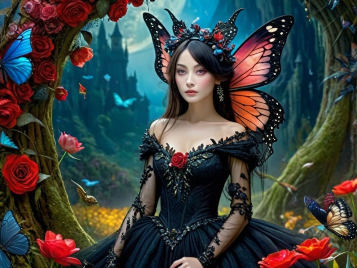 Mystical Woman in Black Gown with Butterfly Elements