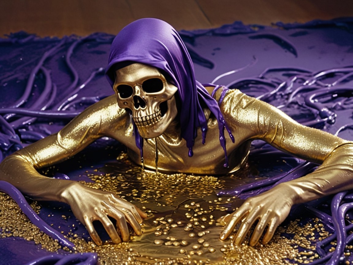 Surreal Scene of Skeleton in Purple and Gold Elements