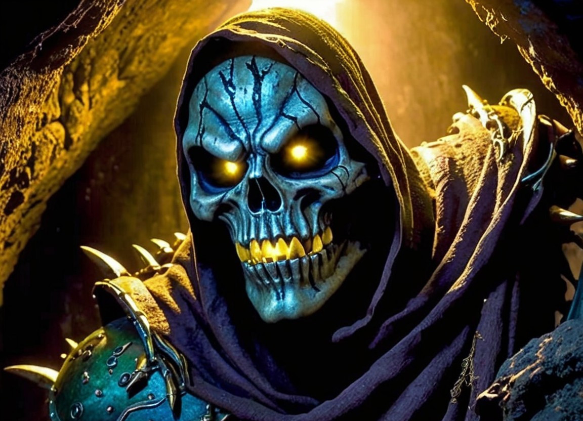 Sinister Skeleton Figure with Glowing Eyes and Armor