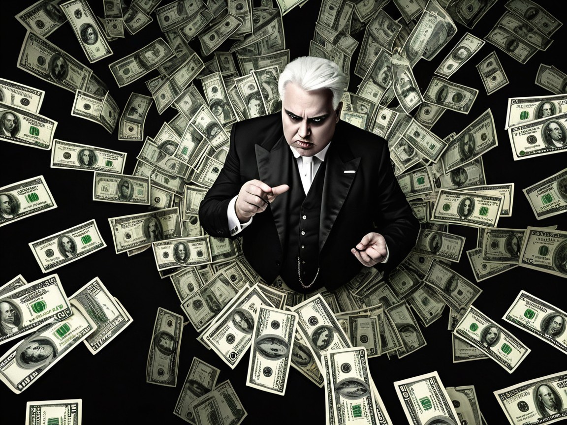 Dramatic Figure Surrounded by Hundred-Dollar Bills