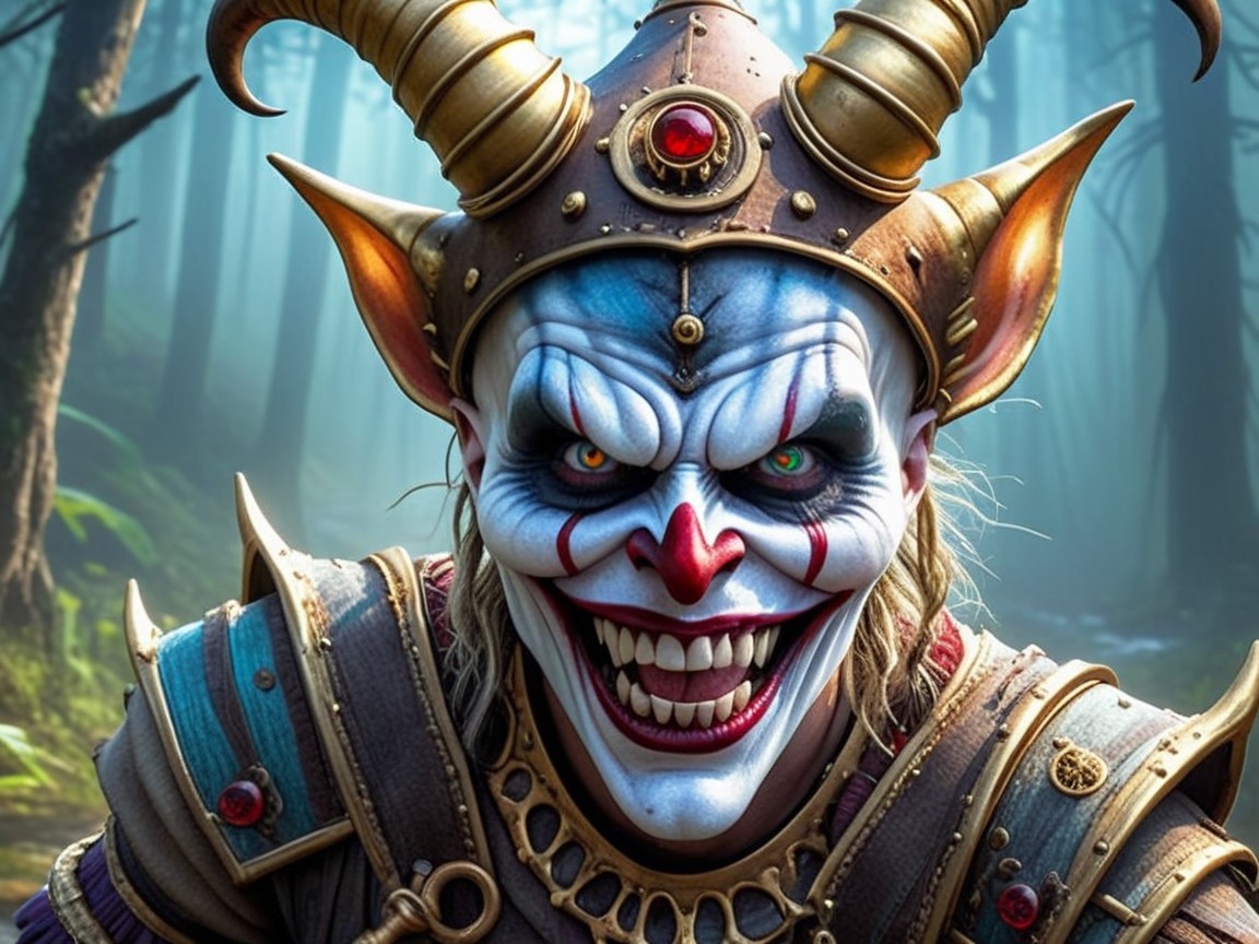 Sinister Jester with Vibrant Face Paint in Misty Forest