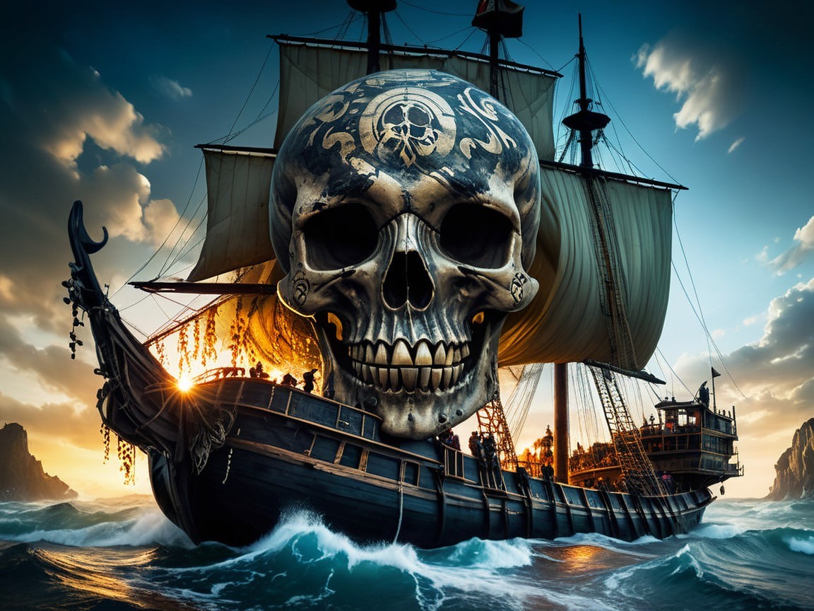 Pirate Ship with Skull Figurehead in Turbulent Waters