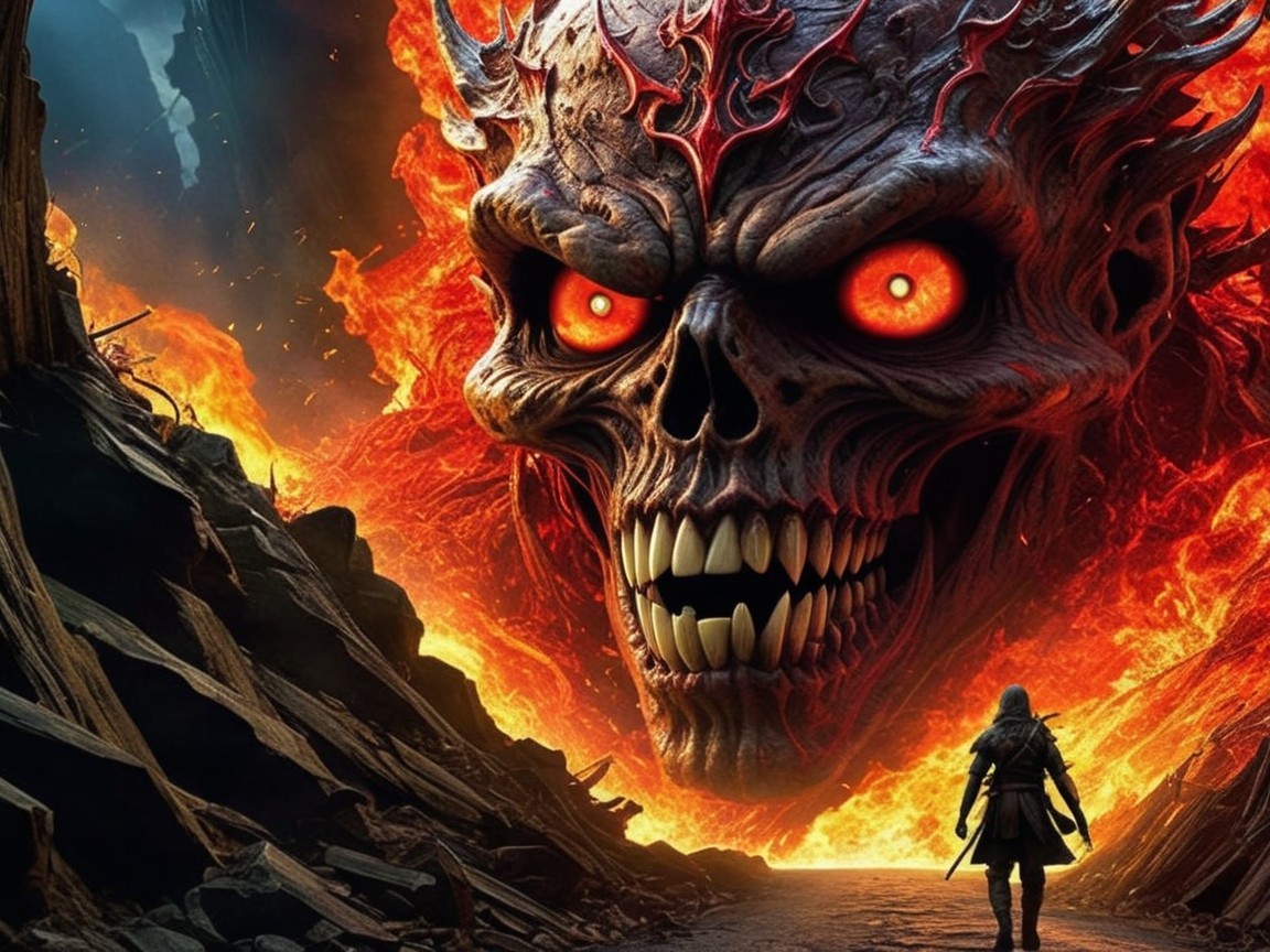 Colossal fiery skull in a dramatic fantasy landscape
