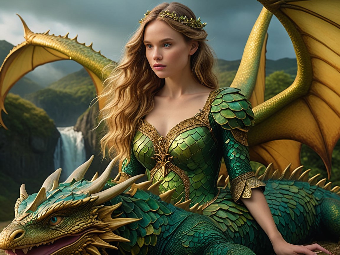 Fantasy Scene with Woman on Green Dragon in Mountains
