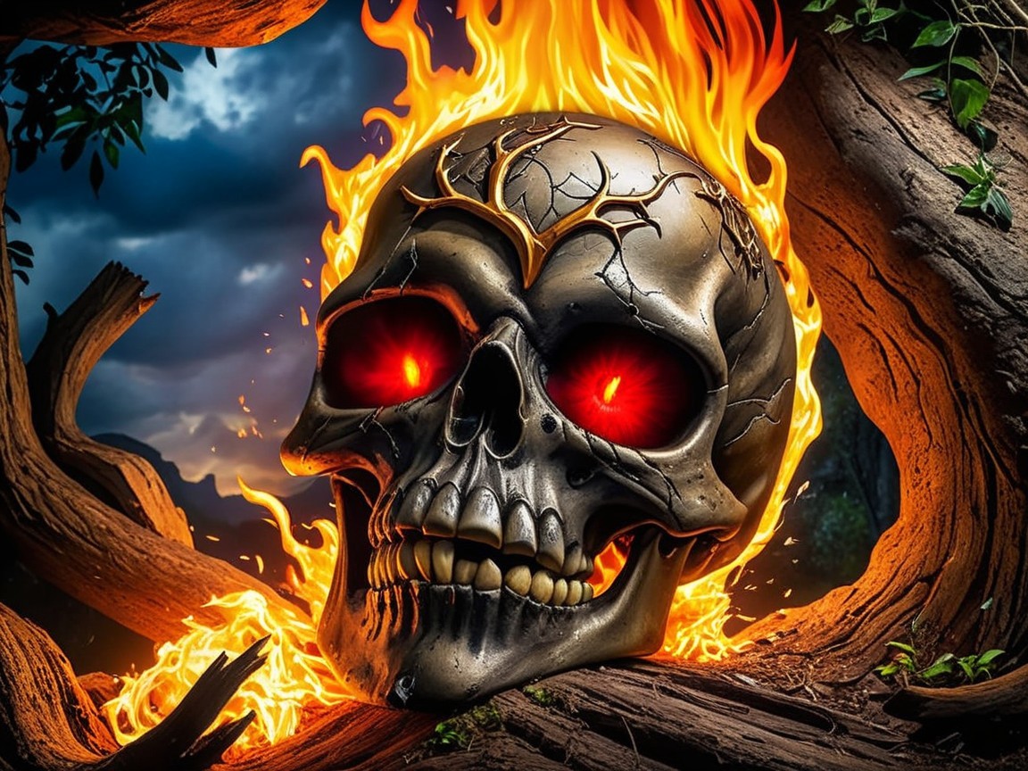 Eerie Metallic Skull Amidst Fiery Branches