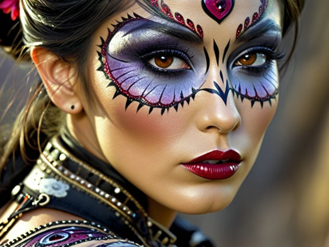 Close-Up of Woman with Intricate Sugar Skull Face Paint