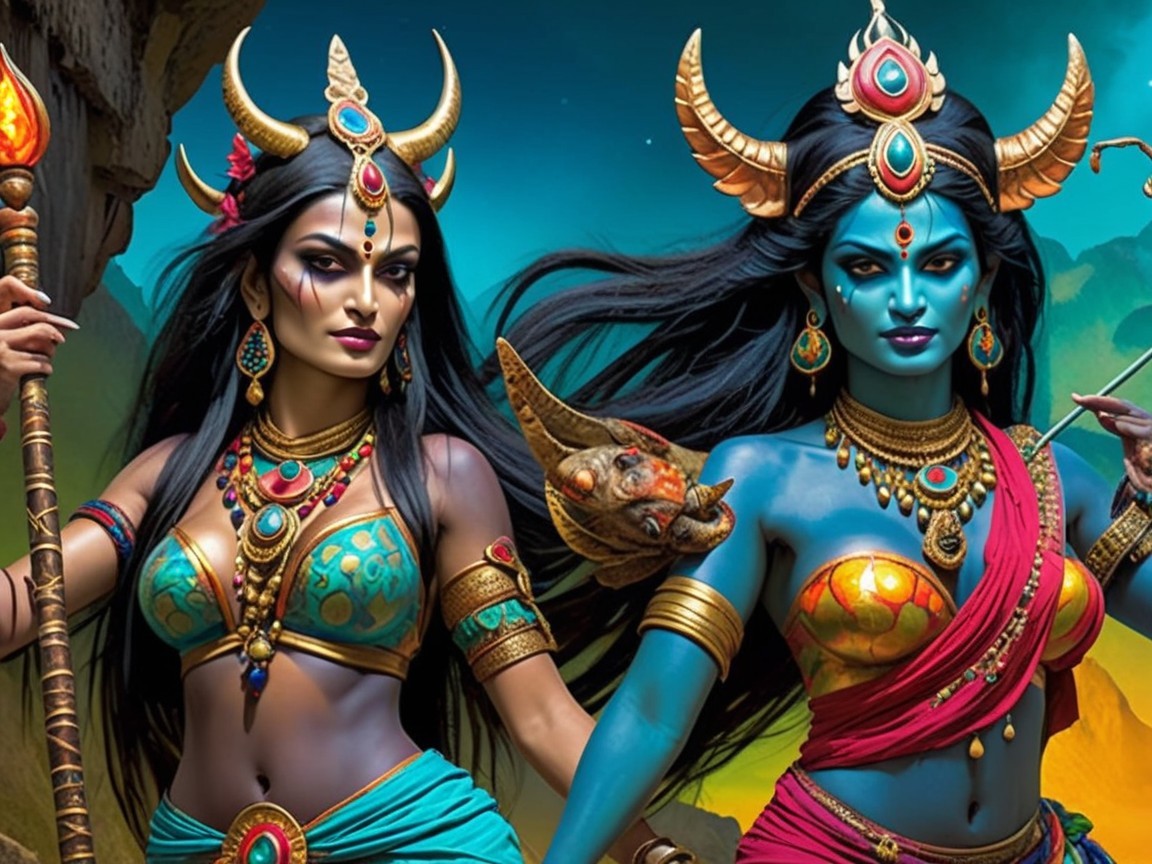 Vibrant Traditional Attire of Two Female Figures