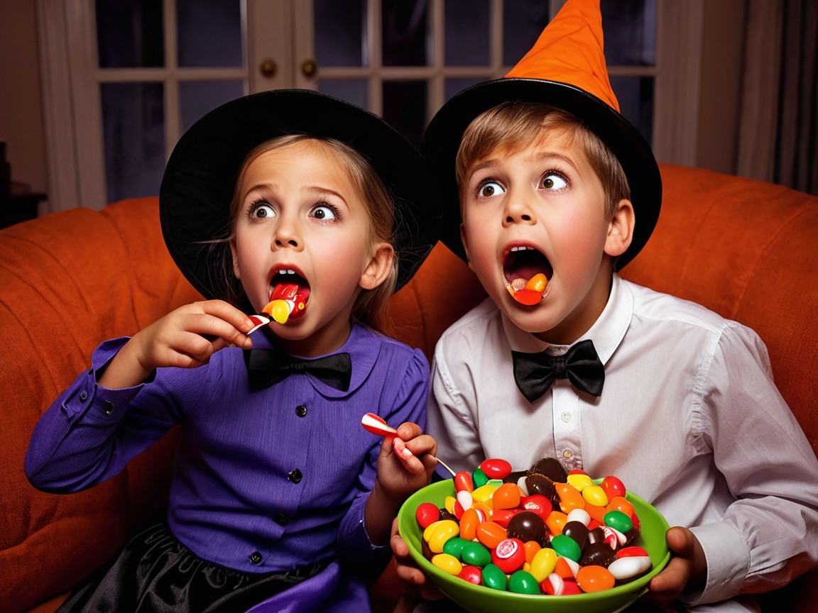 Children in Halloween Costumes on an Orange Couch