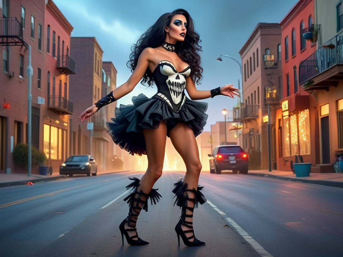 Confident Figure in Black and White Corset on Street