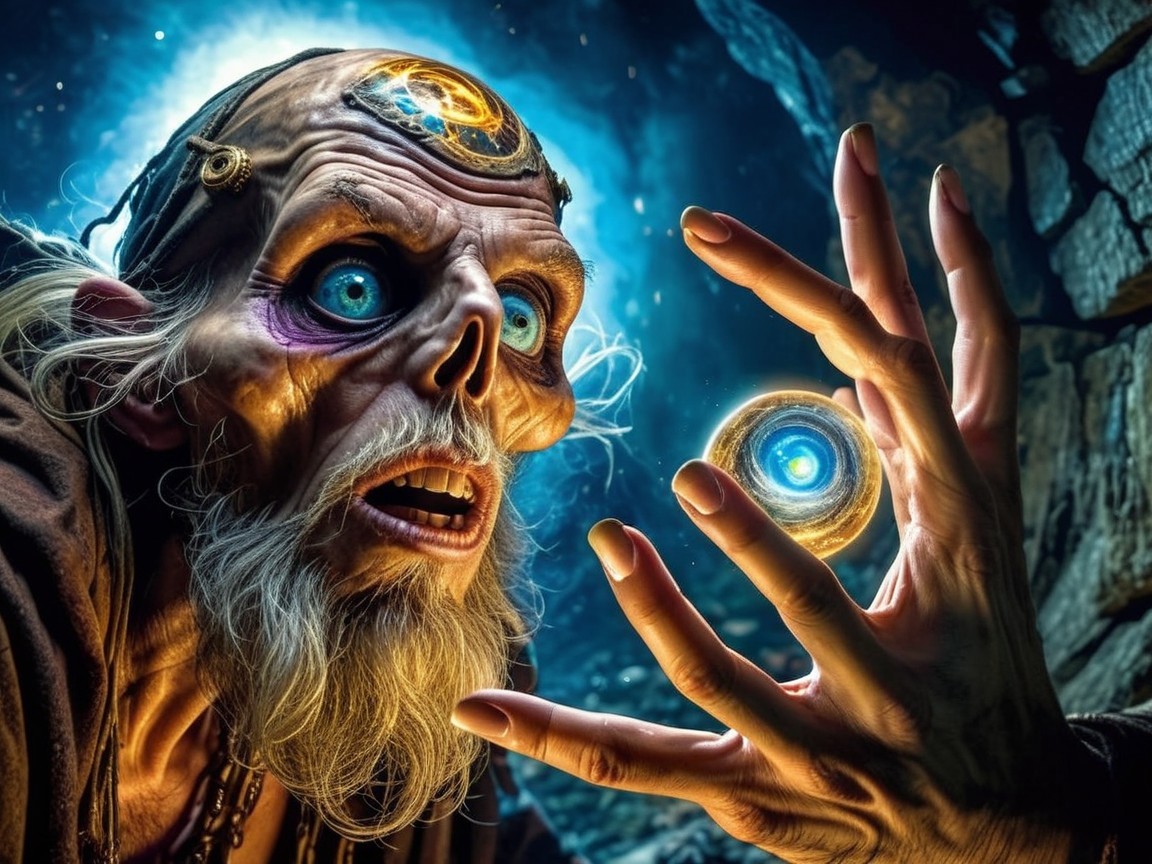 Ancient Sorcerer Holding a Glowing Orb in Darkness