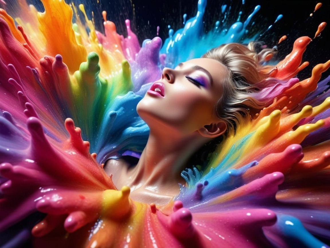 Vibrant Woman Surrounded by Colorful Paint Splashes