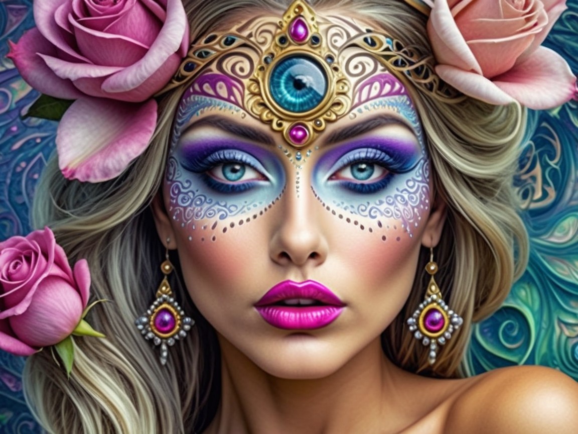 Portrait of a woman with colorful face makeup and crown