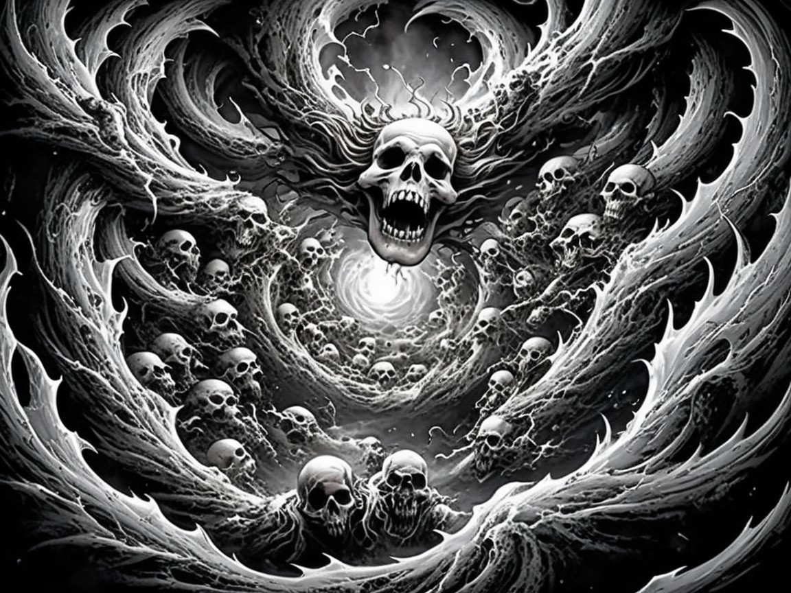 Haunting Black-and-White Scene with Skulls and Darkness
